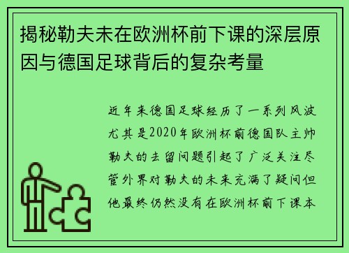揭秘勒夫未在欧洲杯前下课的深层原因与德国足球背后的复杂考量